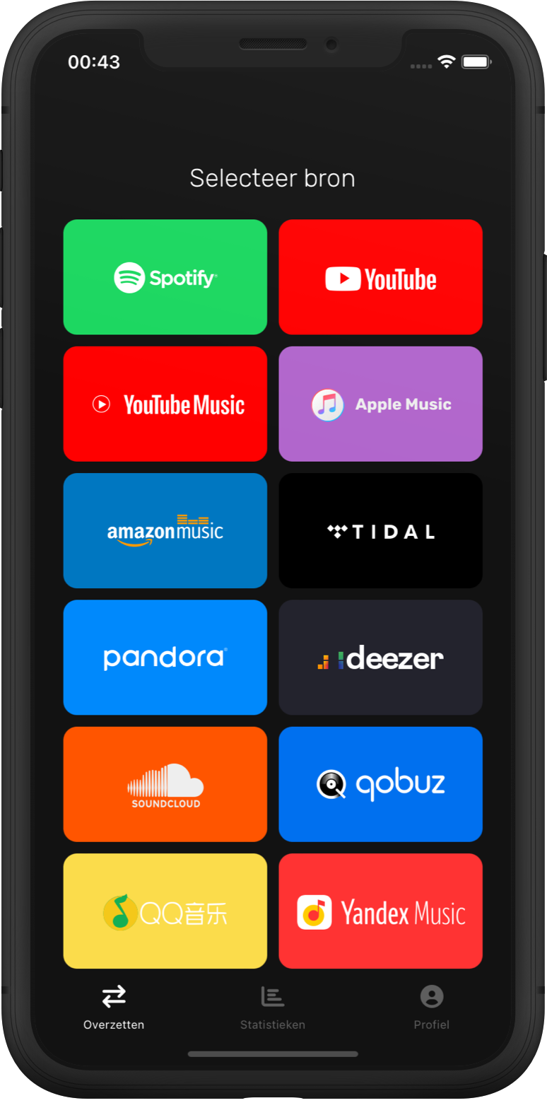 FreeYourMusic app selecteert afspeellijstbronscherm