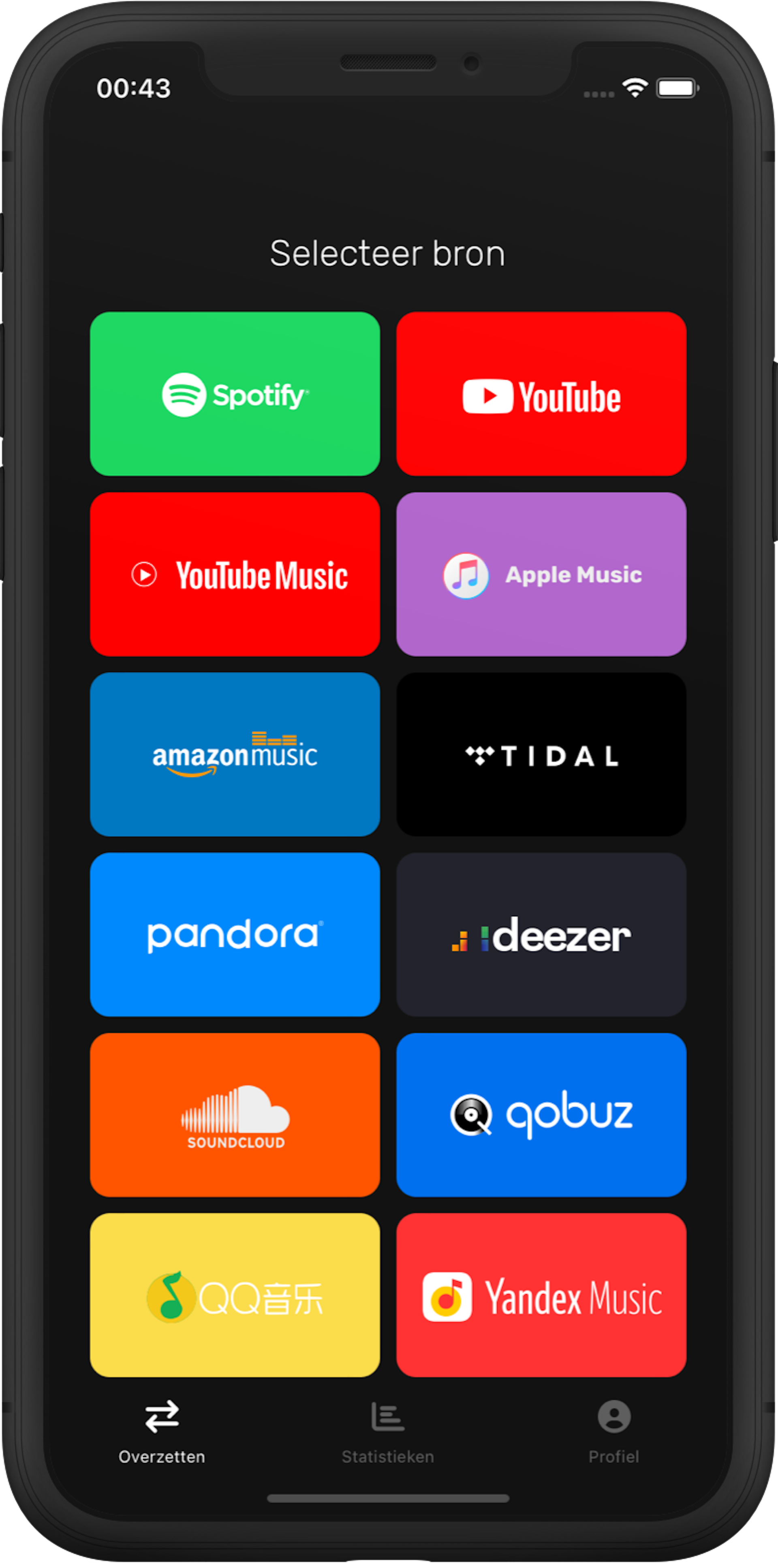FreeYourMusic app selecteert afspeellijstbronscherm