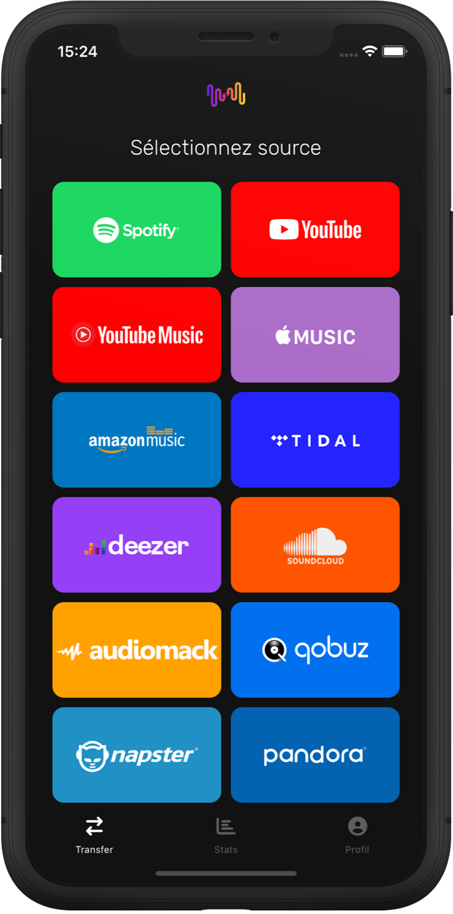 Écran de sélection de la source de la playlist de l'application FreeYourMusic