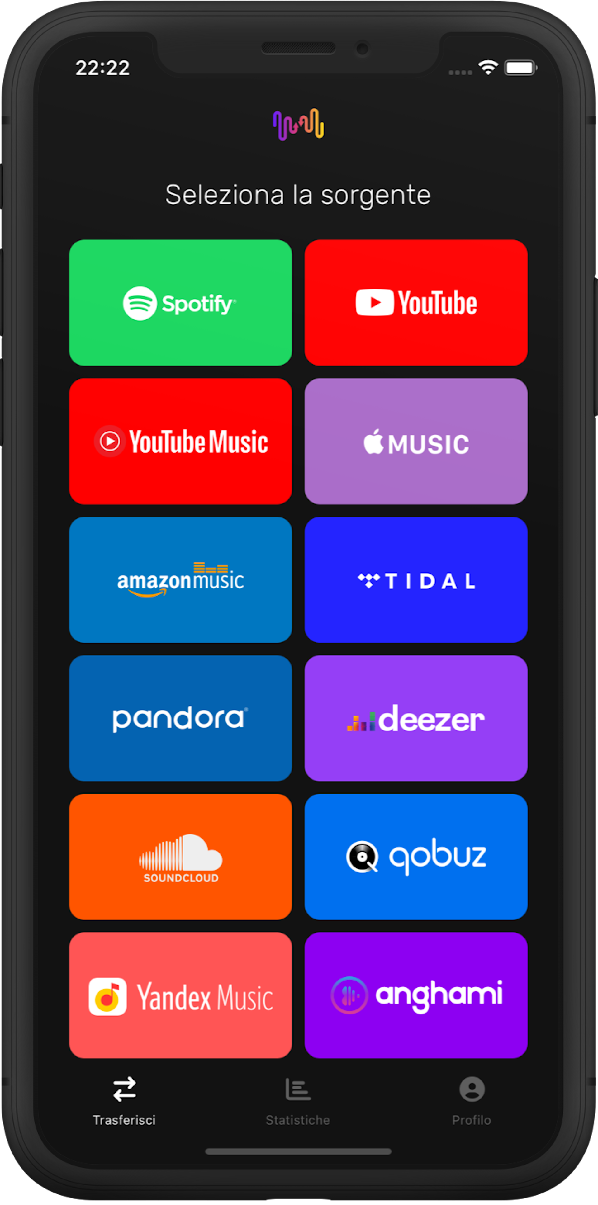 L'app FreeYourMusic seleziona la schermata della sorgente della playlist