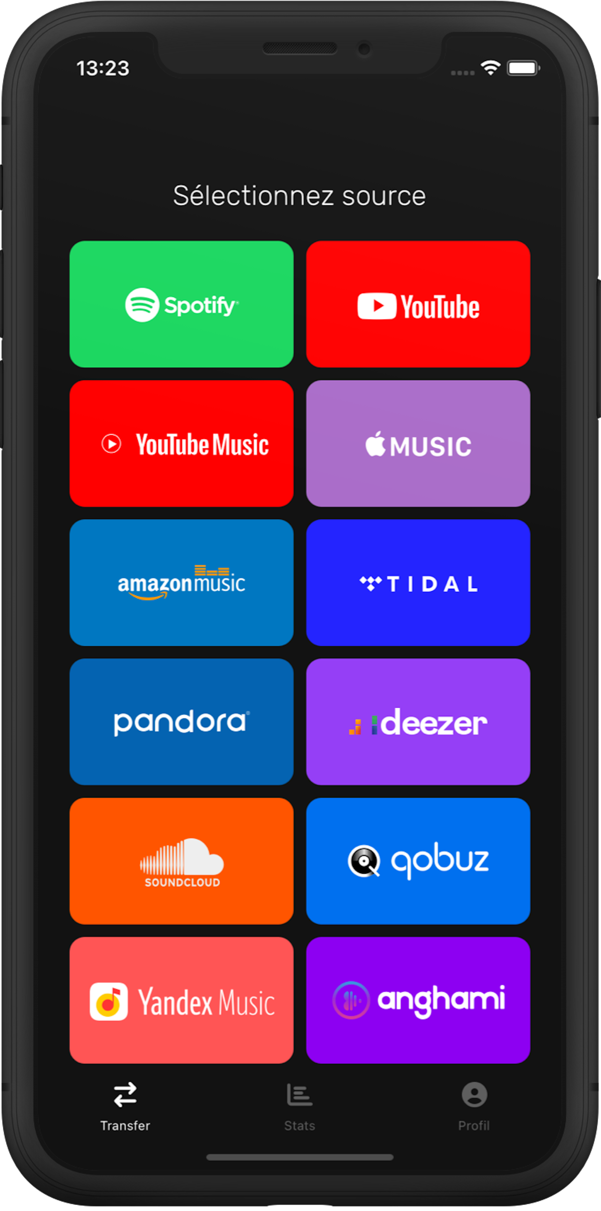 Écran de sélection de la source de la playlist de l'application FreeYourMusic