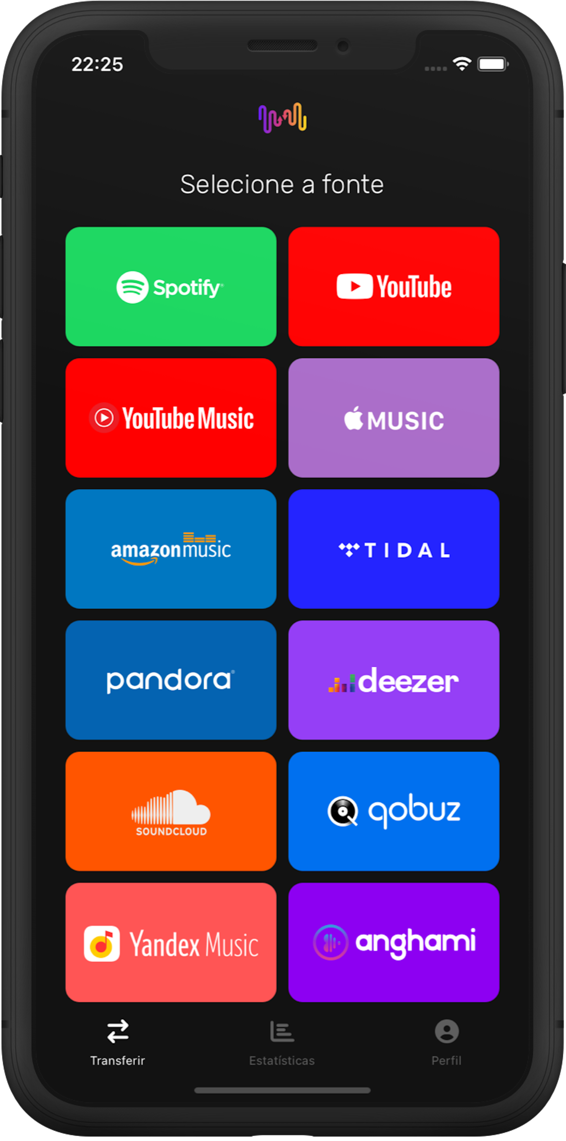 O Aplicativo FreeYourMusic seleciona a tela de origem da lista de reprodução