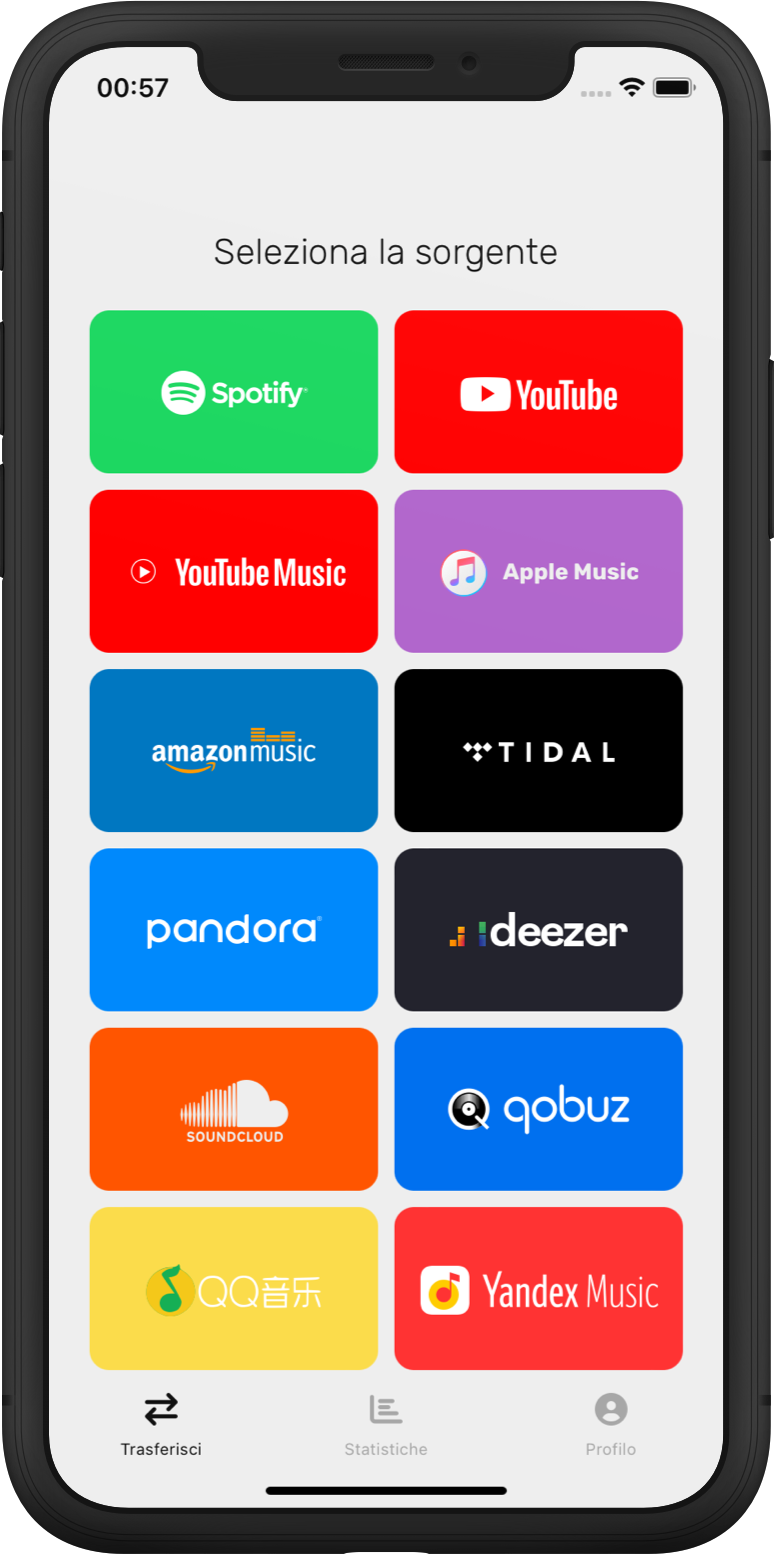L'app FreeYourMusic seleziona la schermata della sorgente della playlist