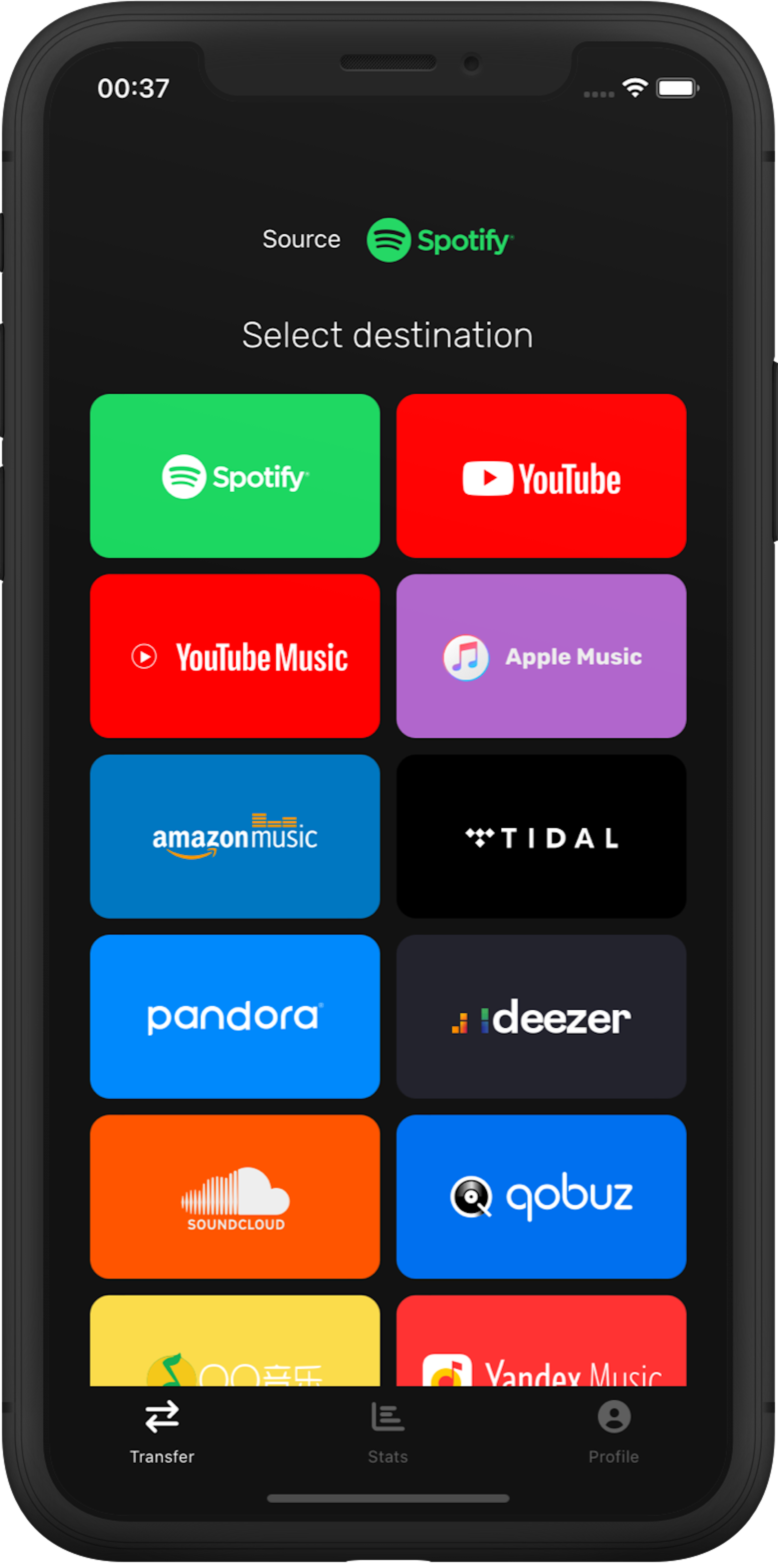Step 2: Select Pandora as a destination music platform
