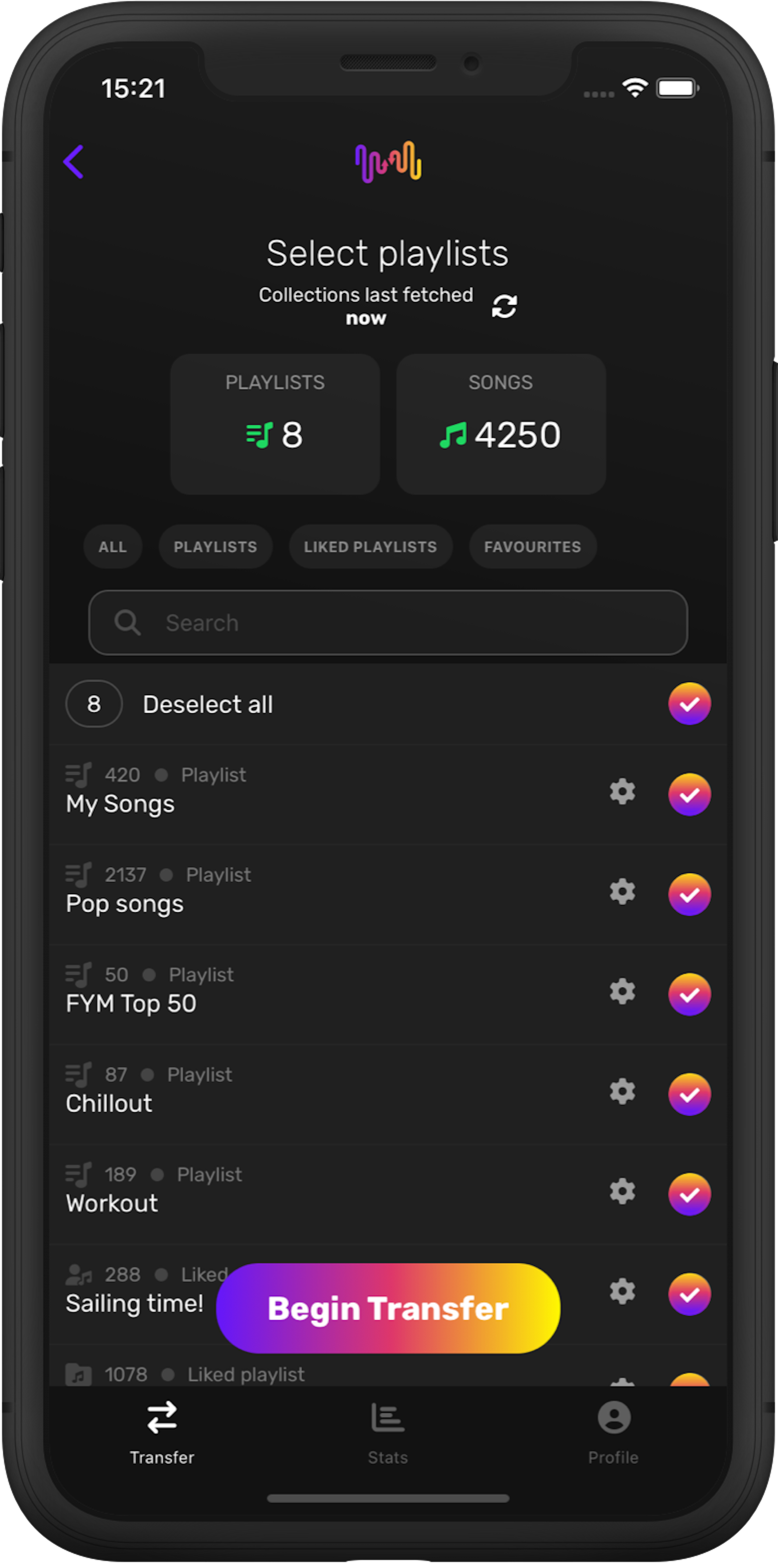 Screenshot of picking playlists transfer