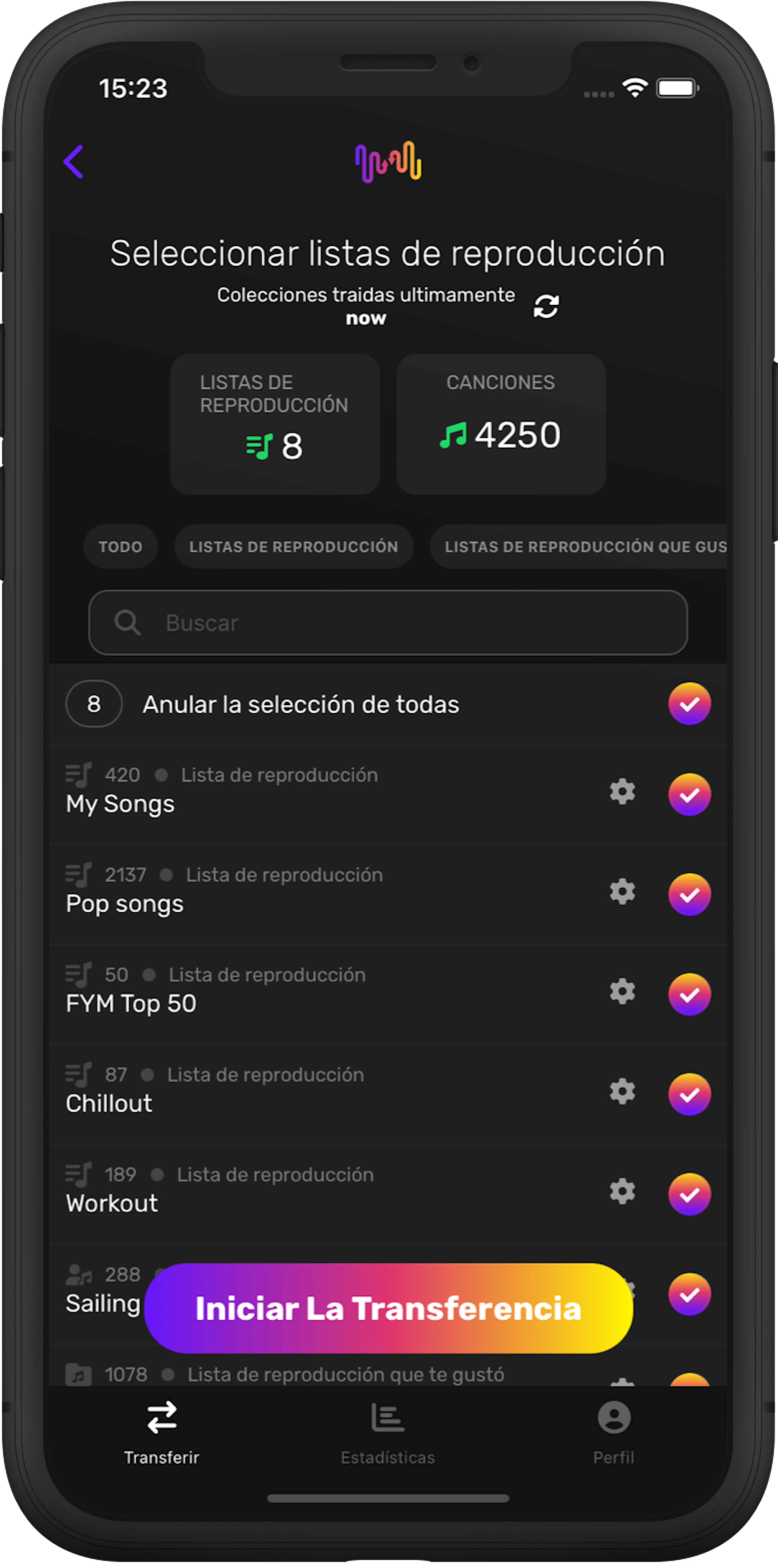 Captura de pantalla de la transferencia de listas de reproducción