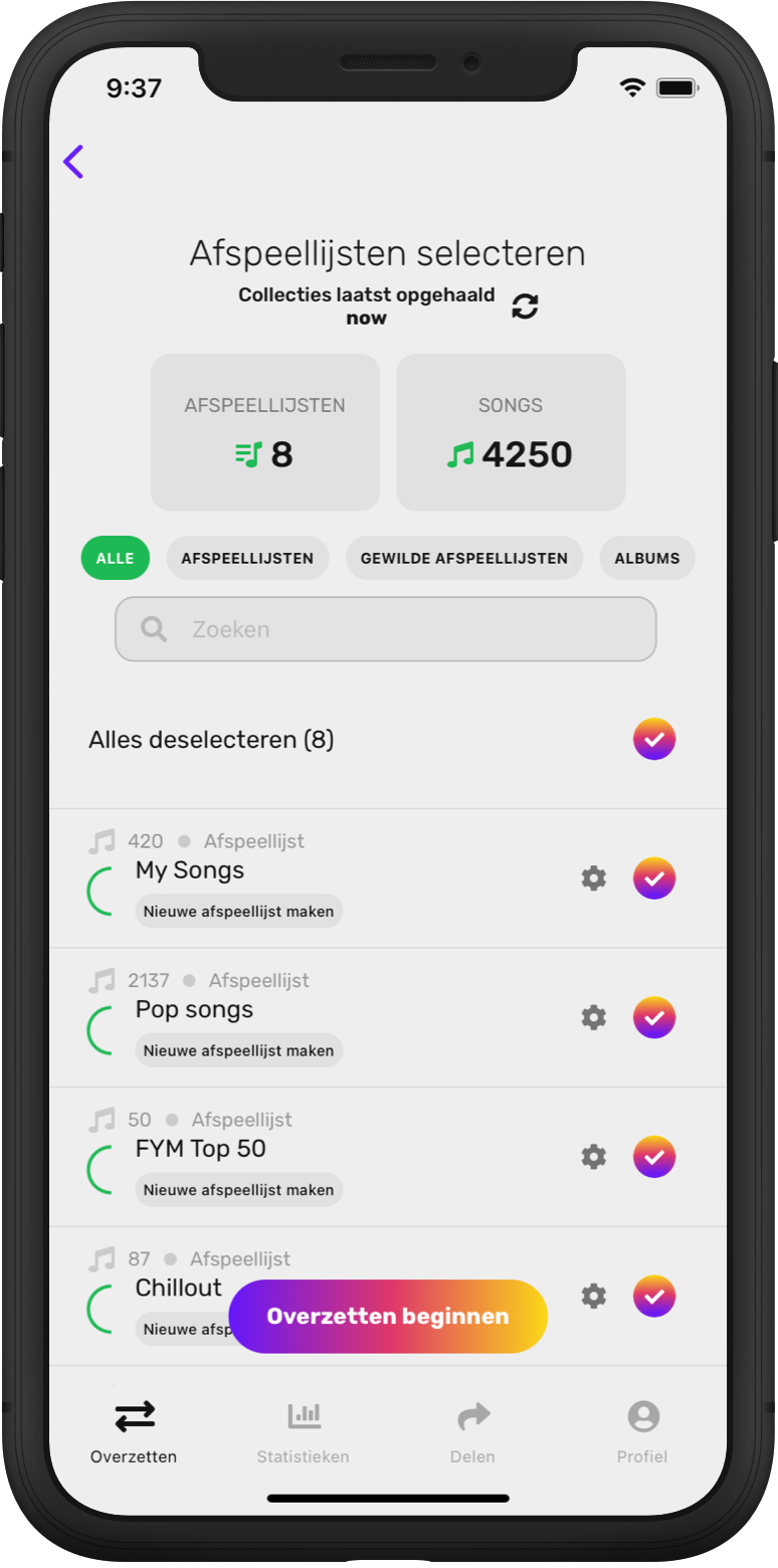 FreeYourMusic app selecteer items ios scherm