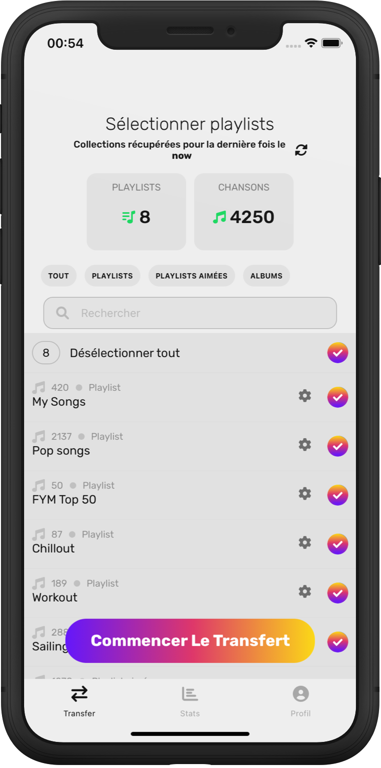 Écran ios de sélection des éléments de l'application FreeYourMusic