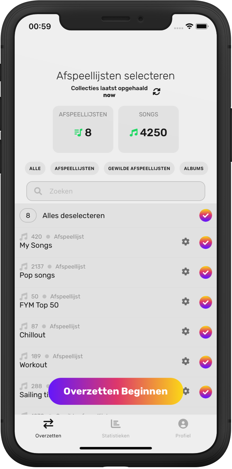 FreeYourMusic app selecteer items ios scherm